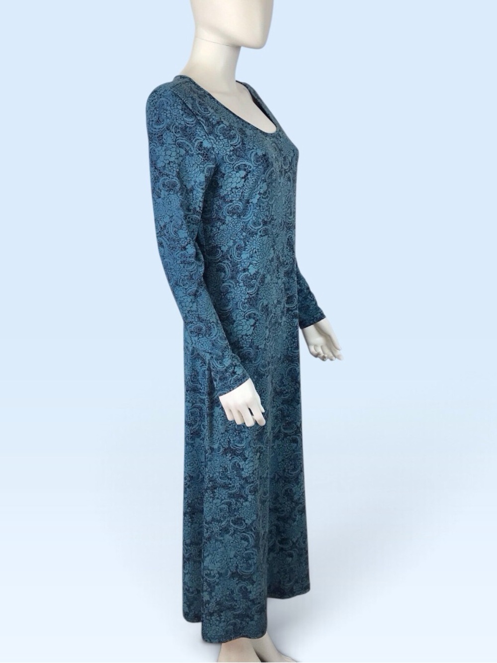 Peruvian Connection Midi Dress Teal Blue & Black Floral Long-Sleeve A-line - Picture 6 of 11